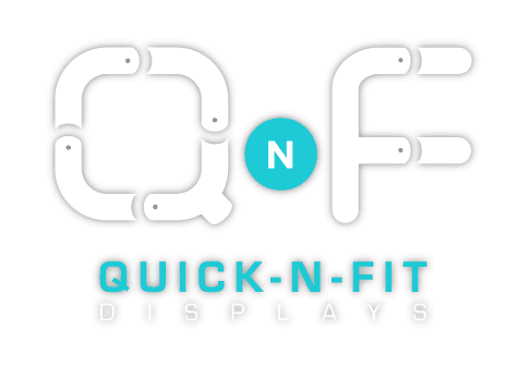 Logo for Quick-N-Fit Displays, featuring the letters Q and F in a snake-like style, with a booth-inspired round element between them containing the letter N. White and teal colors on a transparent background complete this sleek design.