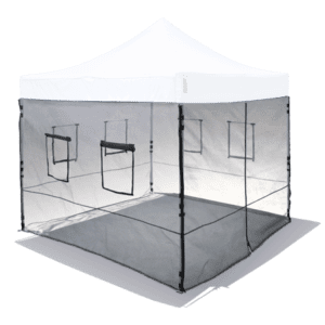 Food Vendor Tent Mesh Wall Set with a white roof and transparent mesh walls, featuring four mesh windows and a zippered door, set up on a flat surface with the frame visible through the mesh.