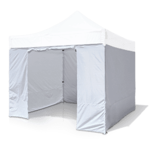 A Canopy Tent Wall Set with an open front, set against a plain background. Featuring a white color with a peaked roof and fabric walls to create a sheltered space inside.
