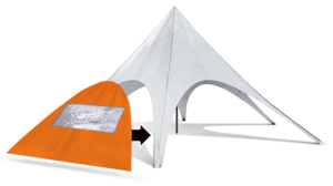 An orange tent with a clear window is attached to a large, white star tent, featuring a pointed canopy with arches, forming a dual shelter setup.