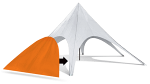 A white star tent with a pointed roof and open sides is shown. Attached to its side is an orange add-on tent with a closed entrance, indicating an extended shelter.