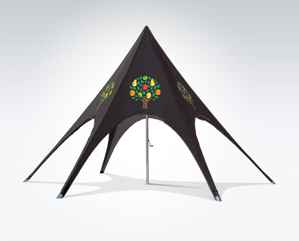 A black, triangular star tent with four open sides and a central metal pole. The tent features colorful tree designs on each panel, set against a light gradient background.