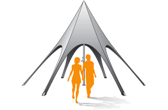 Two orange silhouettes, depicting a man and a woman, walk towards a large gray star tent with multiple triangular supports extending outward. The style is abstract and minimalist.