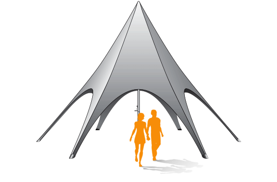 A stylized illustration features a large, silver star tent with a pointed top. Two orange silhouettes of people stroll underneath, casting shadows on the ground. The structure boasts multiple curved supports, enhancing its graceful form.
