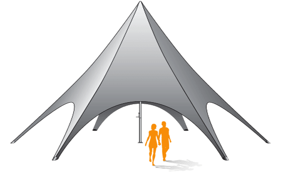 Illustration of a large, gray star tent with pointed peaks and two orange silhouetted figures walking out from underneath. The tent features multiple arched openings and stands proudly on a flat surface.