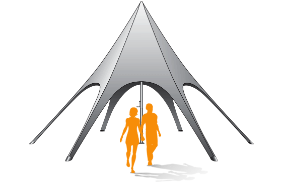 Silhouettes of two people walking out from underneath a large, gray, star tent with six legs.