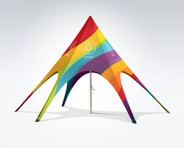 A colorful star tent with vibrant rainbow stripes and geometric logos on its sides features a central pole, casting a shadow on the light gray background.