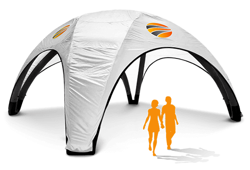 A large white custom inflatable tent with four black arches stands on a gray surface. Two orange silhouettes of people walking together are shown near the tent for scale.