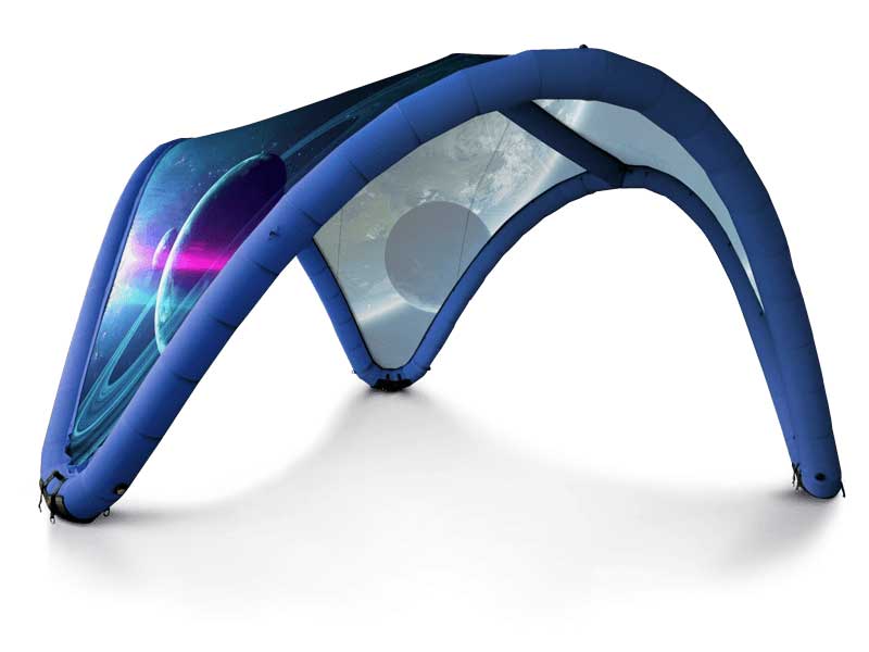 Presenting the Airwave inflatable canopy, a futuristic marvel with a galaxy-themed design adorned with planets and stars. Its blue structure features transparent sections, forming a dome-like shape against a white background, blending innovation and cosmic charm.