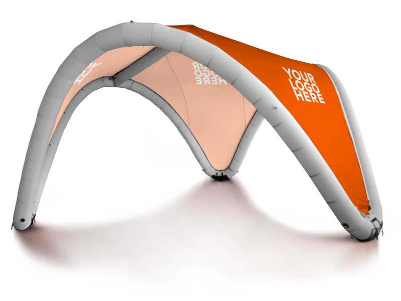 The Airwave inflatable canopy features an eye-catching orange and white design with three arching legs, creating an open and inviting space. The tent's side panels prominently display YOUR LOGO HERE, making it perfect for any promotional event or outdoor gathering.