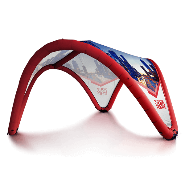 A red inflatable canopy with three arches, featuring cityscape graphics. It has transparent panels with customizable logo areas on each side.