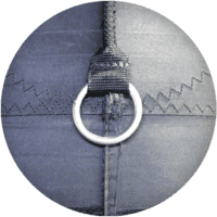 Close-up of a textured fabric with zigzag stitching and a metal ring attached through a loop of fabric, reminiscent of the durable material often used in custom inflatable tents. The fabric appears to be a dark, solid color.