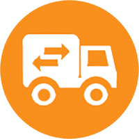 Icon of a white delivery truck with arrows pointing in opposite directions on the side, set against an orange circular background, symbolizing swift and efficient customer support.