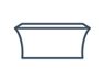 A simple, outlined illustration of a trapezoidal tub, viewed from the side. The image is minimalistic and monochromatic, emphasizing the tubs curvy profile and straight top edge.