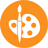 A white paint palette with five circular wells and a paintbrush icon sits seamlessly on an orange circular background, symbolizing creativity and versatility, much like exceptional customer support.