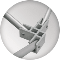 Close-up of a metal joint connector intersecting two cylindrical rods at right angles, reminiscent of the precision found in custom trade show tents. The squared connector features multiple fasteners and is set against a gray background, highlighting its structural integrity.