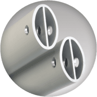 Close-up view of two cylindrical metal tubes with white borders and circular openings, positioned diagonally against a gradient gray background, reminiscent of the structural components you'd find in custom trade show tents.