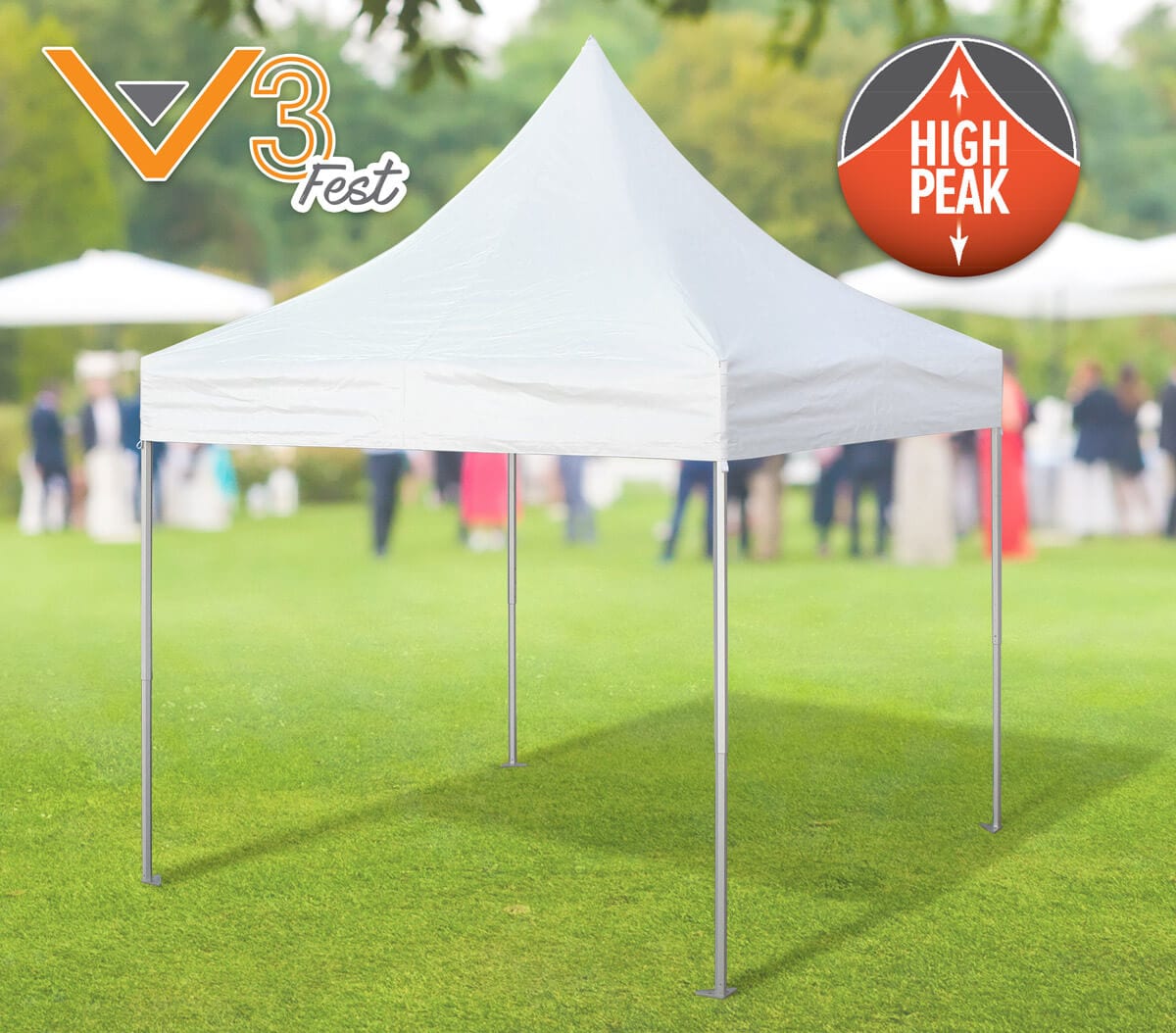 White outdoor high peak pop-up tent stands elegantly on a grassy field, with blurred people bustling in the background. Text on the image reads V3 Fest and High Peak, accompanied by an upward arrow graphic.
