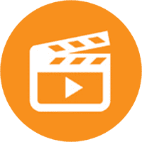 An orange circular icon with a white clapperboard and a play button in the center symbolizes video or film content, offering visual guidance for customer support.