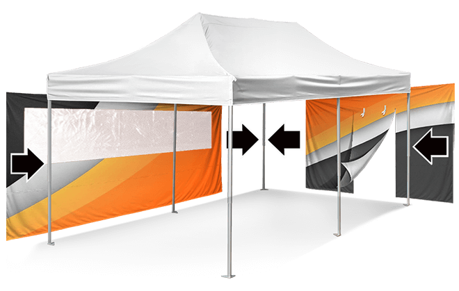 A white pop-up canopy tent with illustrated instructions shows how to attach colorful side panels. The panels feature abstract designs in orange, black, white, and gray. Arrows indicate attachment points on the canopy.