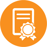 Icon of a certificate with a ribbon in front, symbolizing excellence in customer support, displayed in white on an orange circular background.