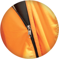 Close-up of an orange jacket with a black zipper partially unzipped, revealing the inner lining. The fabric resembles the shiny and smooth material used in custom inflatable tents.
