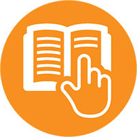An orange circular icon featuring a white open book with text lines and a hand pointing at it, symbolizing reading or accessing customer support information.