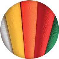 A close-up of fabric rolls in a cylinder shape, featuring vibrant colors: white, yellow, orange, red, and green. Resembling materials for a custom inflatable tent, the fabrics have a textured surface and are arranged in a fan-like display.