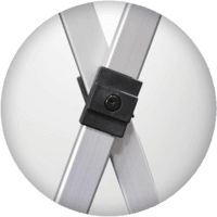 Close-up of a silver metal frame from a commercial canopy tent, with two intersecting bars secured by a black connector. The image is circular, showcasing the junction point against a plain white background.