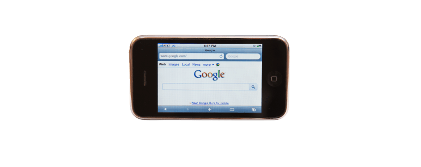 A smartphone displaying the Google homepage, with the search term Google entered in the search bar. The screen shows options for Web, Images, Local, and News.