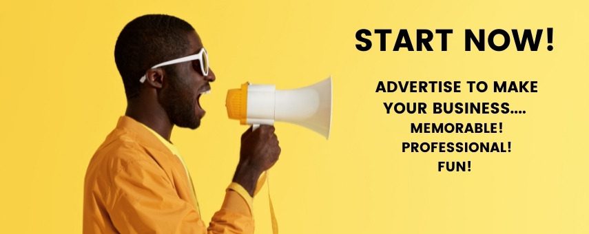 A person in a yellow jacket and sunglasses is holding a megaphone, shouting. The background is yellow, with text reading: START NOW! Advertise to make your business... memorable! Professional! Fun!.