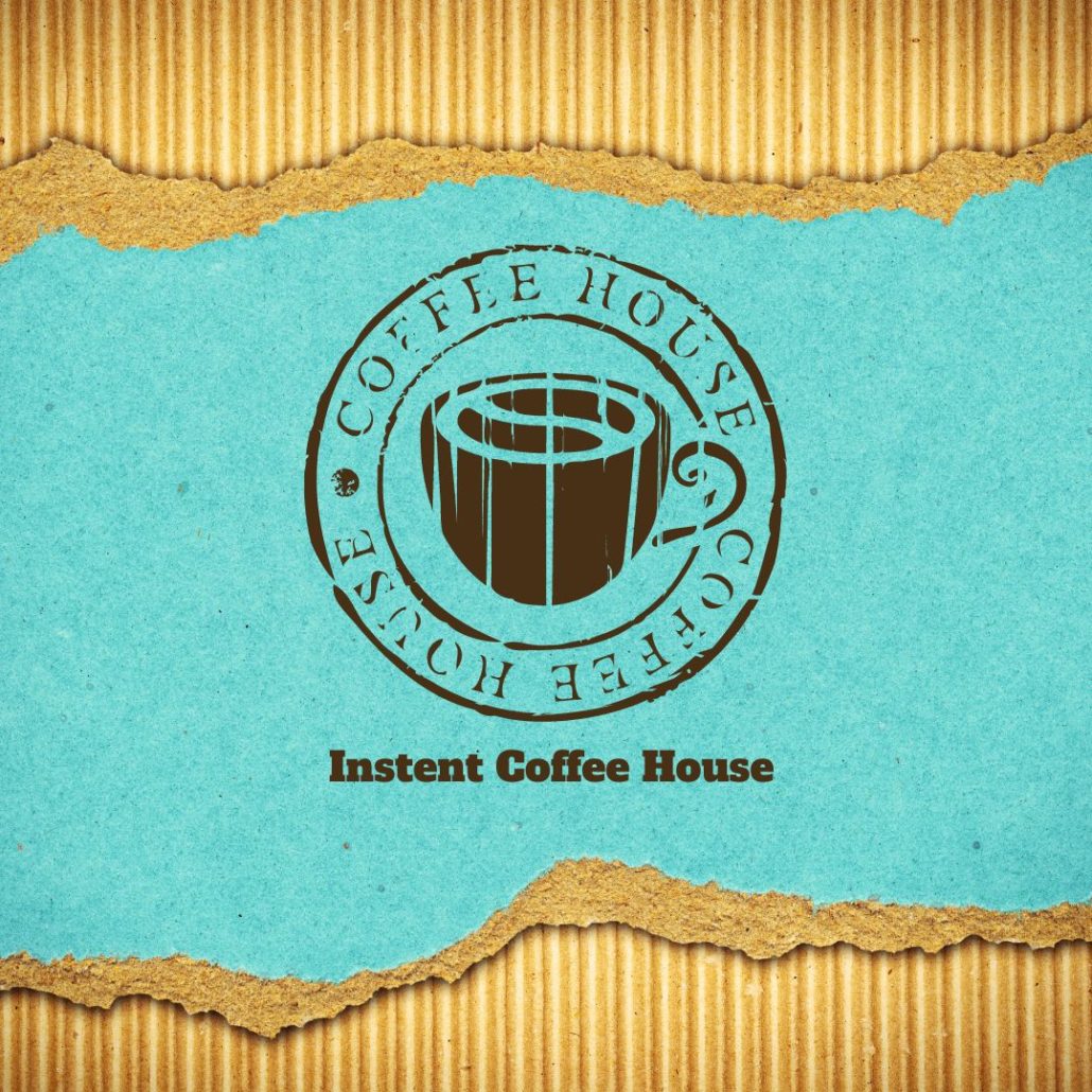 A textured turquoise background with a coffee cup logo in the center and the words Coffee House encircling it. Below, the text reads Instant Coffee House. Torn brown paper edges frame the image.