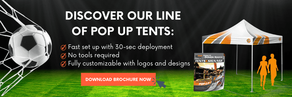 Promotional banner for pop-up soccer tents, featuring a soccer ball, tent, and brochure. Highlights include fast setup, no tools required, and full customization. Download Brochure Now button included for a closer look!
