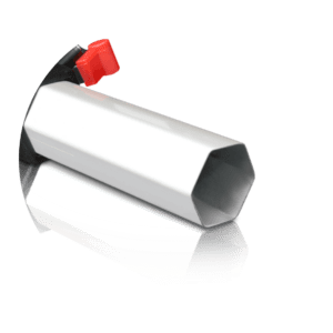 A shiny, silver, hexagonal pipe with a small red cap on one end, casting a reflection akin to the gleam of soccer tents on a glossy surface.