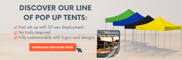 Advertisement showcasing three vibrant pop-up tents in blue, black, and yellow, perfect for trade shows. Text highlights features: fast setup, no tools needed, customizable with logos. Includes a downloadable brochure option for more information.