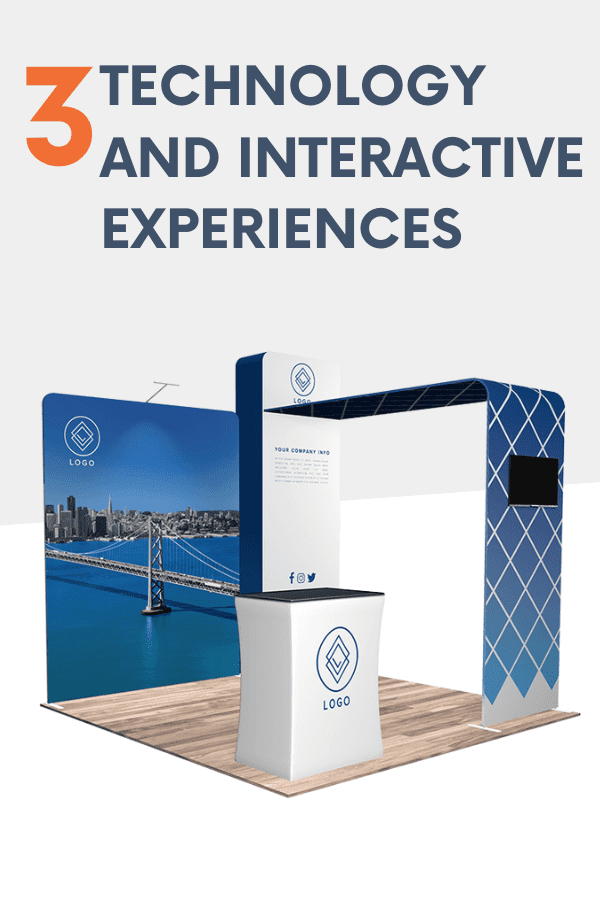 Exhibition booth with a cityscape banner and a patterned archway, perfect for trade shows. Features include a counter showcasing the logo and bold text highlighting Technology and Interactive Experiences.
