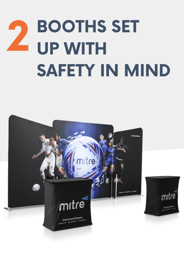 The trade show exhibition setup includes two booths adorned with soccer graphics, featuring players and a Mitre logo ball. Both booths are draped in black fabric showcasing the Mitre logo and a hashtag. The design boasts a white and blue theme with bold text above.