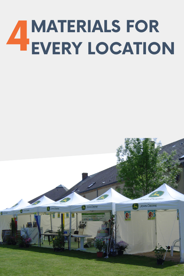 A row of white tents with John Deere logos adorns a grassy area beside buildings, resembling a lively trade show. Plants and outdoor furniture are arranged under the tents. At the top, the text reads, "4 Materials for Every Location.
