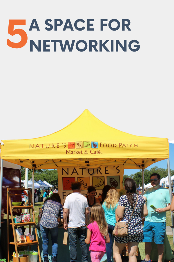 People gather at a yellow tent with a Natures Food Patch Market & Cafe sign, reminiscent of bustling trade shows. The text above reads 5 A Space for Networking, and various items and decorations enhance the booth's lively atmosphere.