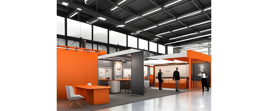 Modern exhibition space with orange and gray structures, resembling an innovative trade show booth, features people conversing and examining displays. Large overhead lights illuminate the sleek, contemporary design. An orange desk is in the foreground on a shiny gray floor.