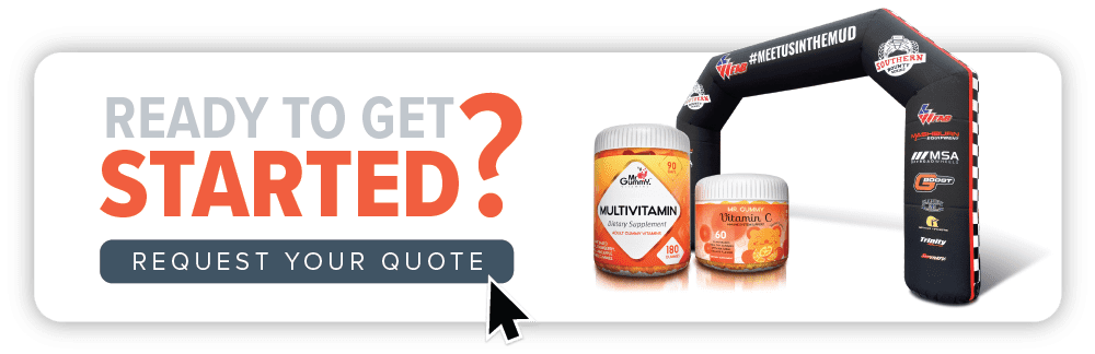 Promotional banner featuring two supplement containers under a branded inflatable arch. Text reads Ready to Get Started? with a clickable button labeled Request Your Quote. Discover the essentials at the Inflatables Hub today!