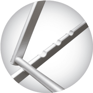 Close-up of a sleek, modern design featuring intersecting metallic rods and a slotted bar, creating a minimalist geometric pattern on a neutral background.