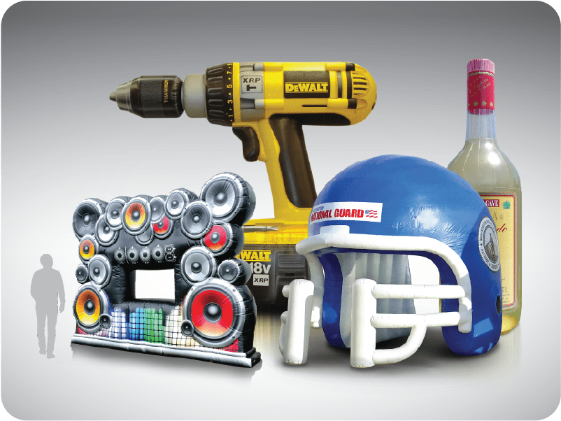 A collage featuring a yellow and black drill, a bottle of wine, a blue football helmet, and an elaborate speaker system forms the centerpiece against a gradient backdrop. An inflatables essential guide silhouette adds scale and intrigue to this eclectic assemblage.