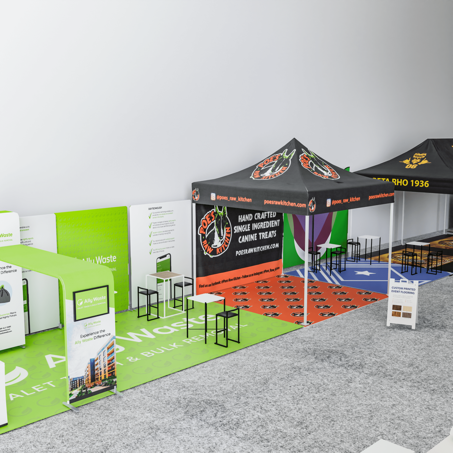 A trade show setup features tents and booths with vibrant event flooring. One booth promotes pet treats with branded visuals, while another displays environmental services. Tables and chairs are arranged under tents, complemented by colorful floor graphics and banners.