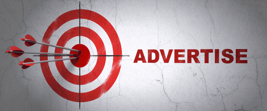 A red and white target with three arrows hitting the bullseye is on the left side of the image. The word ADVERTISE is in bold red letters to the right on a gray, textured background, symbolizing pinpoint precision in inflatable advertising campaigns.