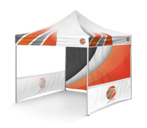A white and orange outdoor canopy tent with a modern design featuring bold, curved stripes in black, orange, and gray. The sidewalls and roof display a circular logo with similar colors.