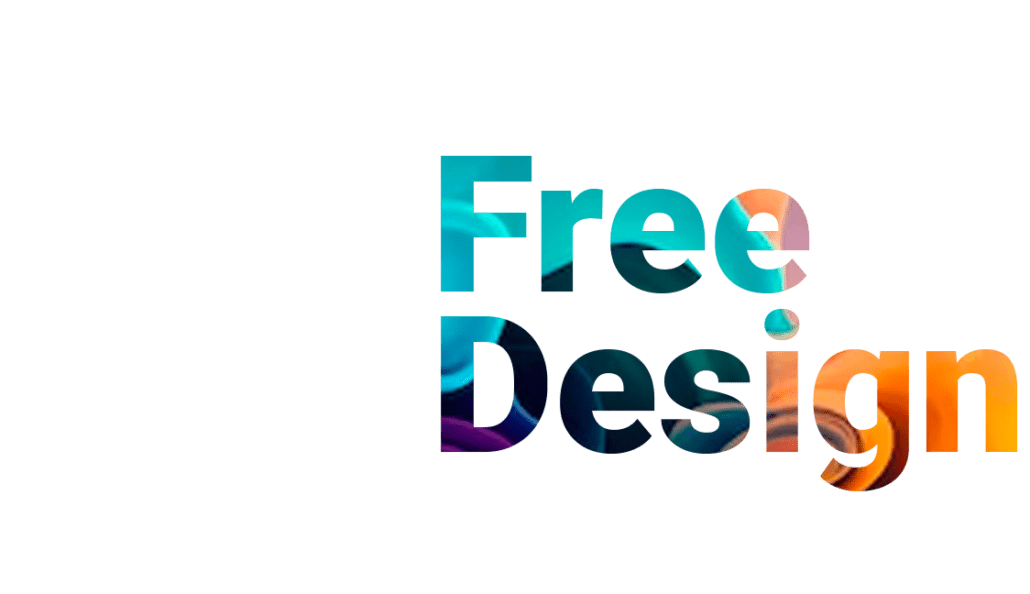 Illustration of a white fountain pen nib next to the words Free Design in colorful, gradient letters with shades of blue, green, orange, and purple on a transparent background.