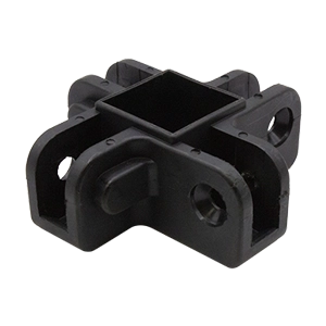 A black plastic bracket with a square central opening and four surrounding arms, each with circular openings for screws or bolts. The bracket is designed for structural support or connection.