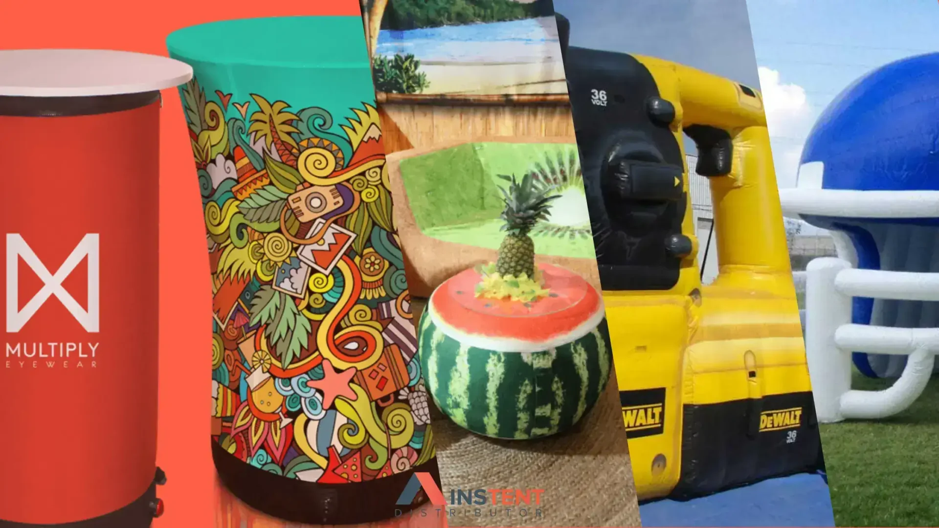 Colorful and creative display featuring a vibrant patterned column, a watermelon with a pineapple top, and a yellow DeWalt machine alongside inflatable furniture like a large blue and white bottle.