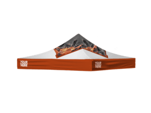 A 10'x10' Printed Canopy Top that is orange and white, featuring a customizable logo space. The top is adorned with an image of a cityscape at night, showcasing skyscrapers and bright lights.